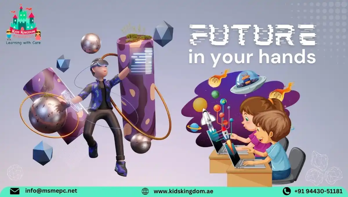 Illustration showing technology in early childhood education activities at Kids Kingdom Dubai